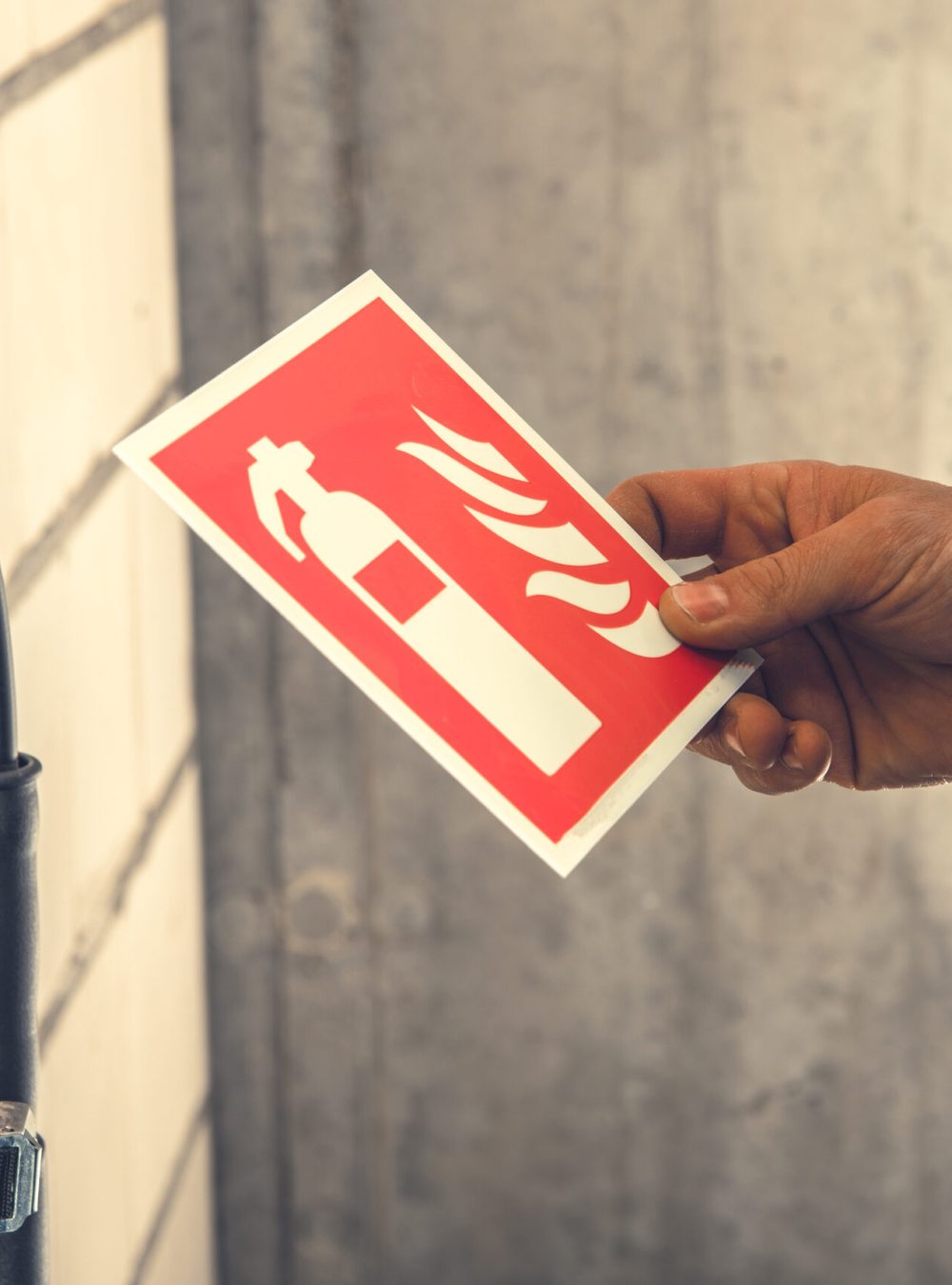 Fire Extinguisher and Required by Law Wall Sings Installation Inside Commercial Building by Caucasian Worker